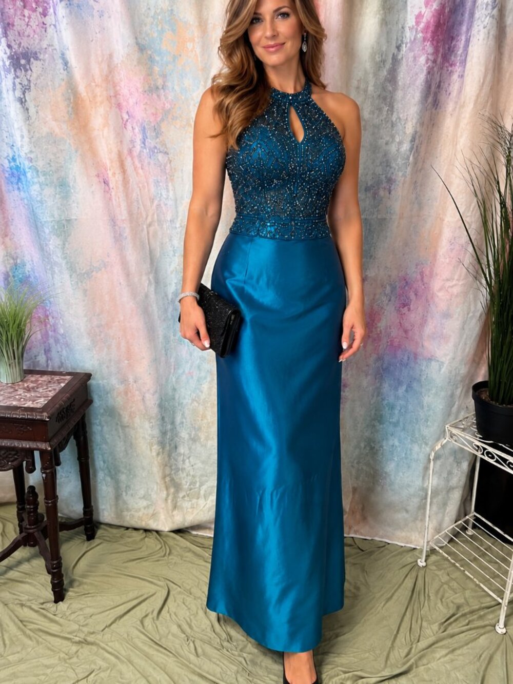 VTG 📌 J.R. Nites Elegant Taffeta Formal Column Teal Maxi Skirt with Slit